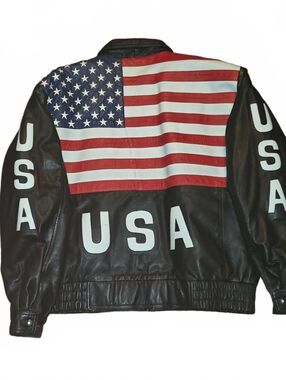 Vintage 1990's MOB USA Flag Leather Bomber Jacket  Men's Large Sleeve Spellout